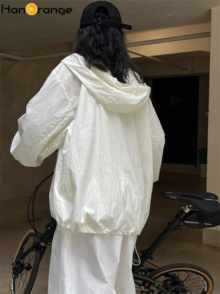HanOrange 2024 Summer Light Transparent Hooded Zipper Sunscreen Jacket Women Loose Silhouette Thin Long Sleeve Female 250808