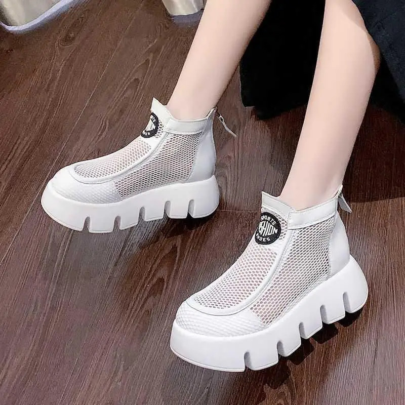 Summer Mesh Boots 2025 Women Hollow out Cool Boots British Breathable Ankle Boots Female Fashion Motorcycle Shoes Sandals 250812
