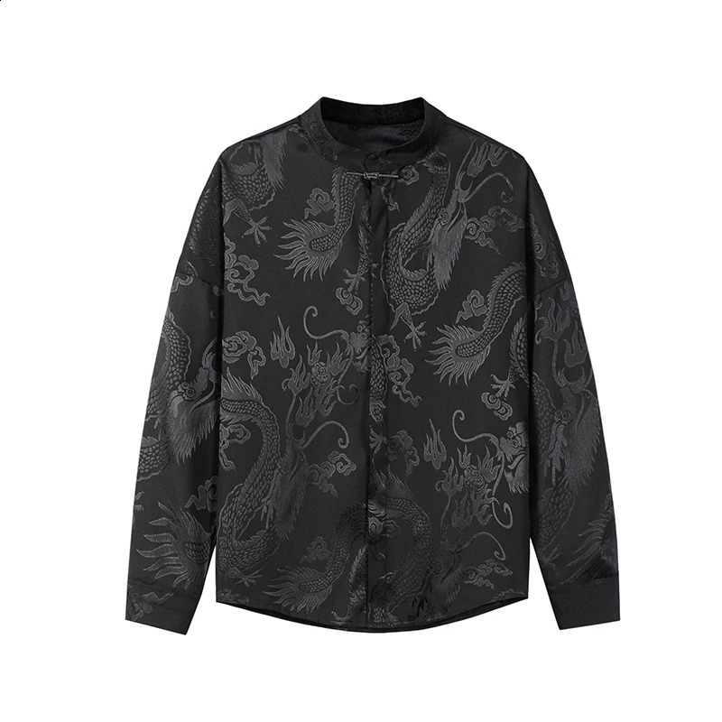 Chinese Style Dragon Printed Ice Silk Shirt For Men Casual Metal Buckle Dull Black Aesthetic Neutral Loosefit 250808