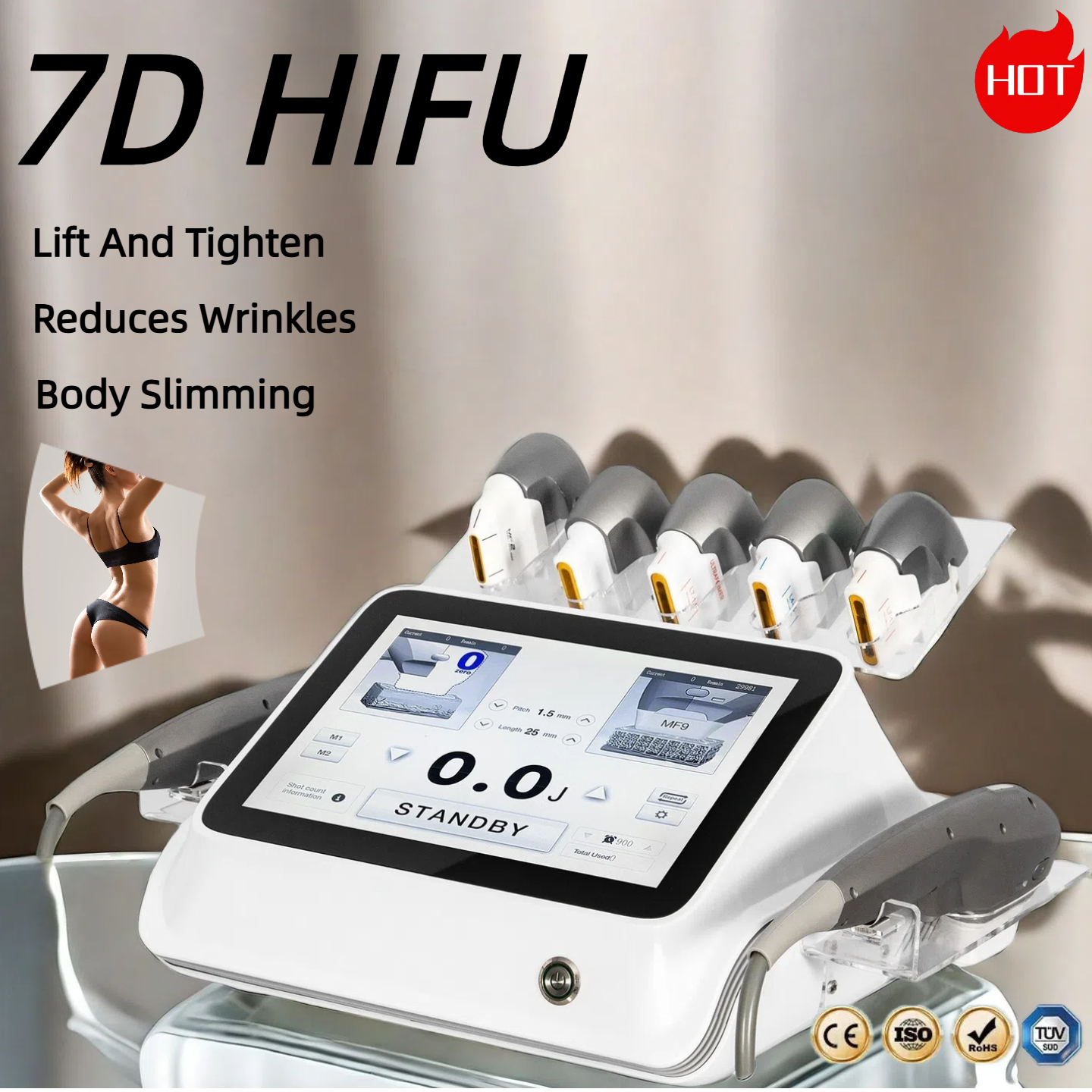 Portable HIFU Machine for Home Use Face Neck Skin Tightening Abdomen Waist Back Fat Reduction Thigh Buttocks Lifting Anti Aging Device