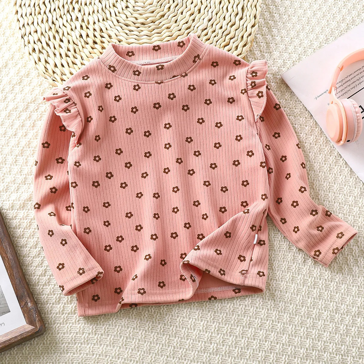 Girls Autumn Floral Bottoming Shirt Flying Sleeves Tshirt Little Girl Wild Net Red Baby Kids 250812