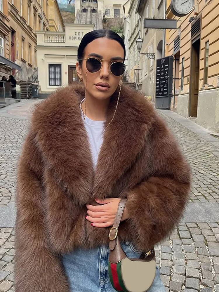 Elegant Brown Fluffy Faux Fur Jacket Autumn Women Fashion Lapel Long Sleeves Short Coats Winter Warm Female Street Outwears