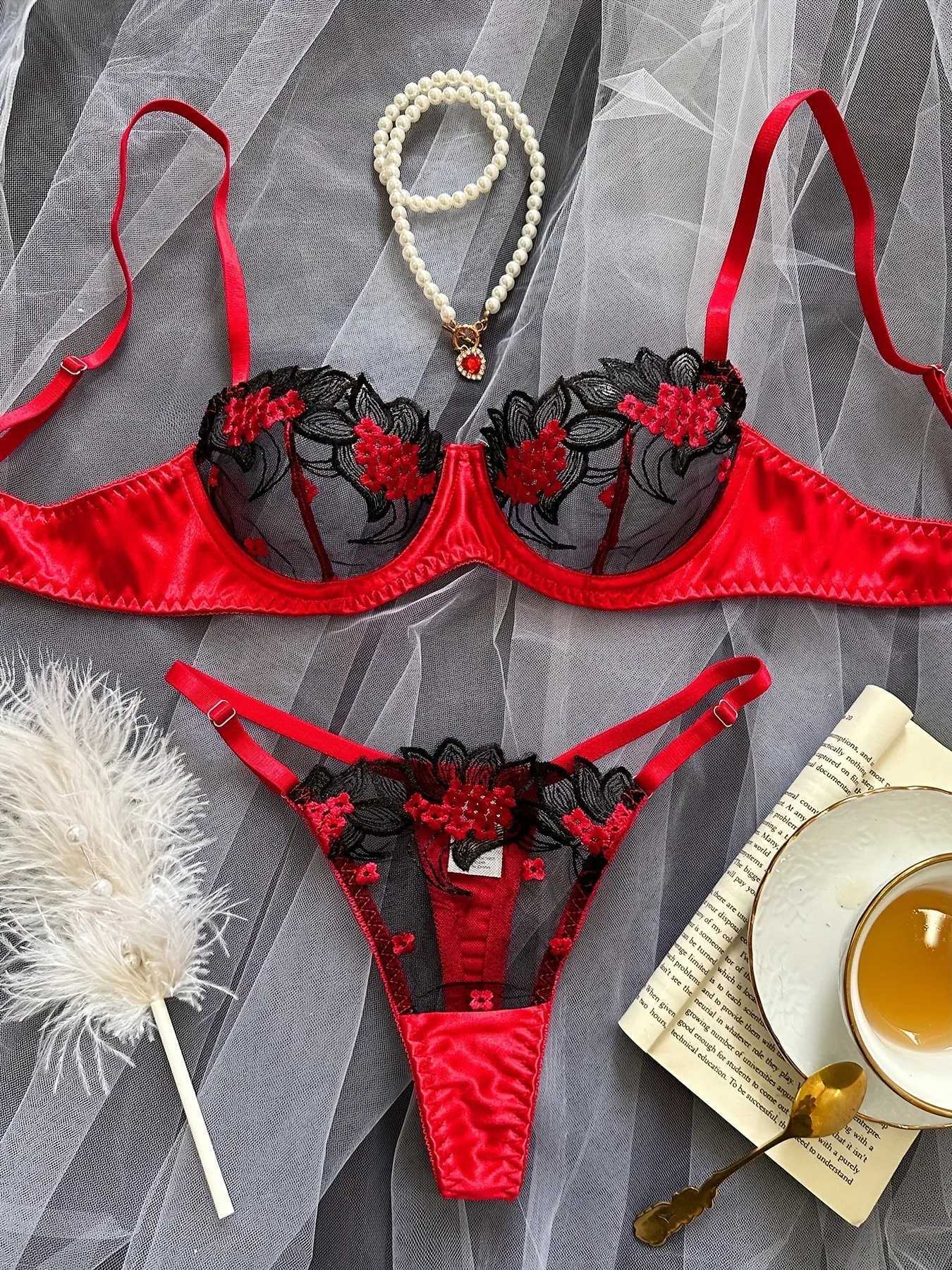 Hot-Selling 2-Piece Floral Embroidery Sexy Bra Set Mesh Underwire Sheer Lingerie Set Perfect for Dates Parties GatheringsXJ250812