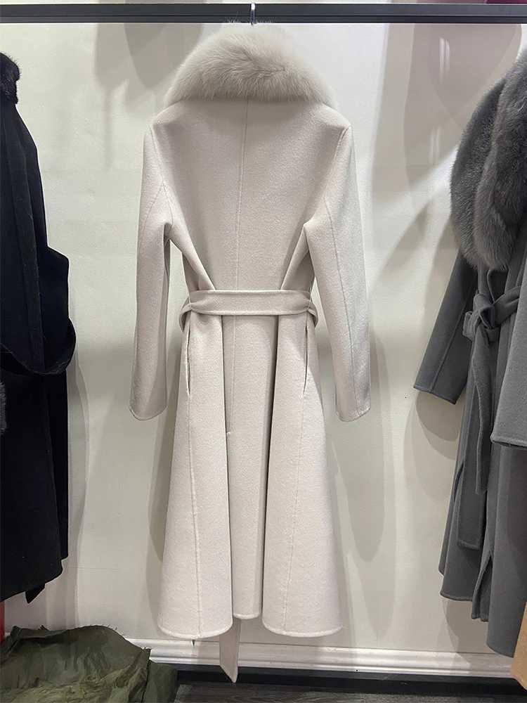 Women Autumn Natural Real Fur Collar 100% Woolen Long Khaki Gray White Woolen Belt Slim Jacket Z250813