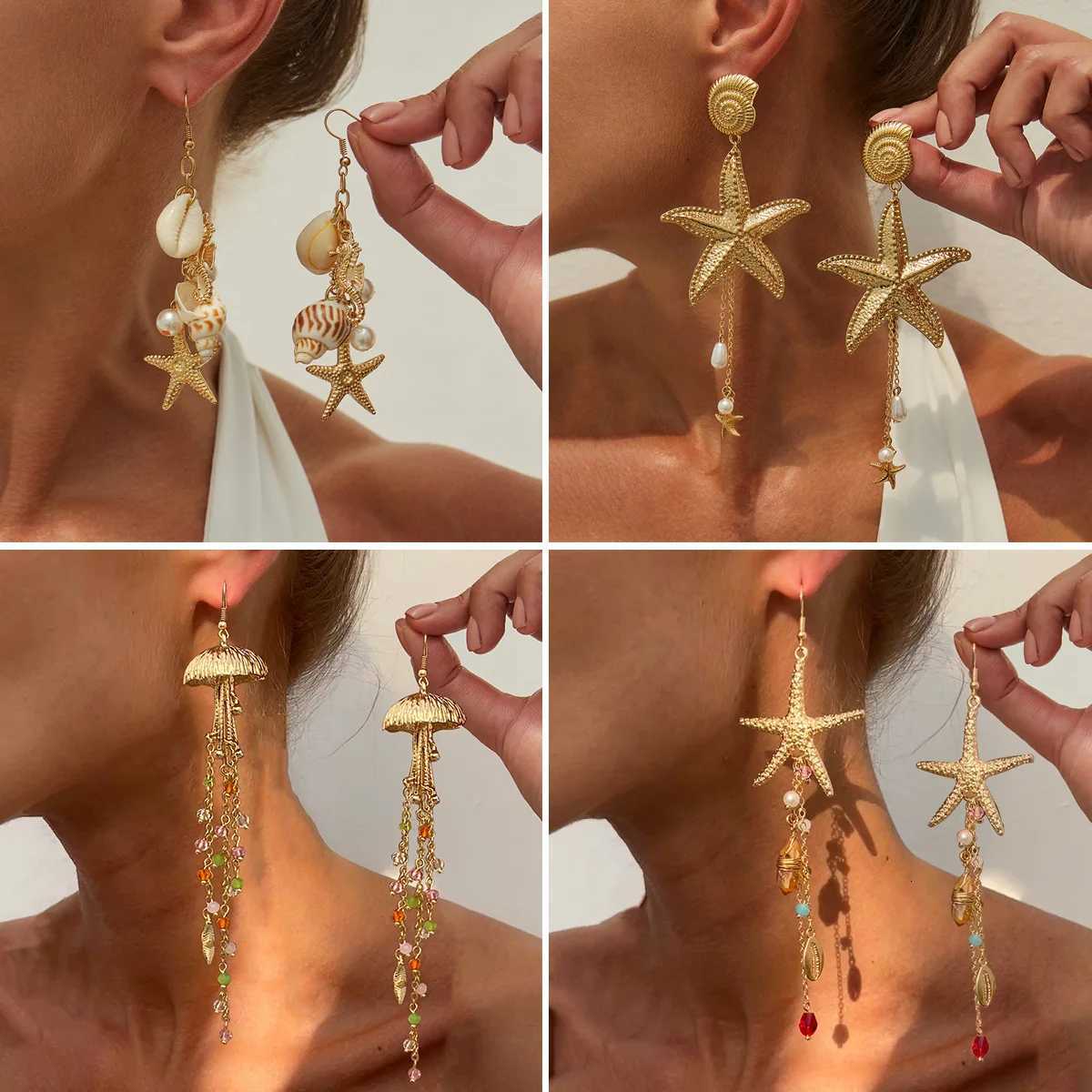 Boho Starfish Earrings Jellyfish with Imitation Pearls Crystal Long Tassels Earrings Women Trendy Drop Earrings Y2K Jewelry Y250812