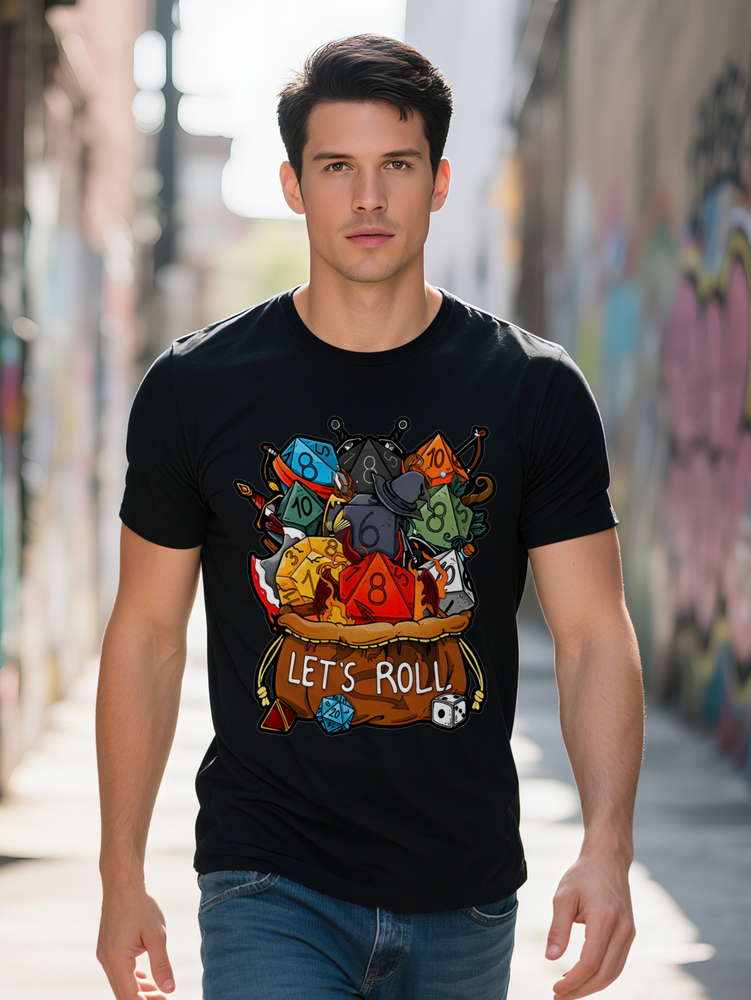 Casual Graphic T Shirt Dice Print with Let s Roll Black Gaming Enthusiast Tee Round Neck Gift for Men Summer