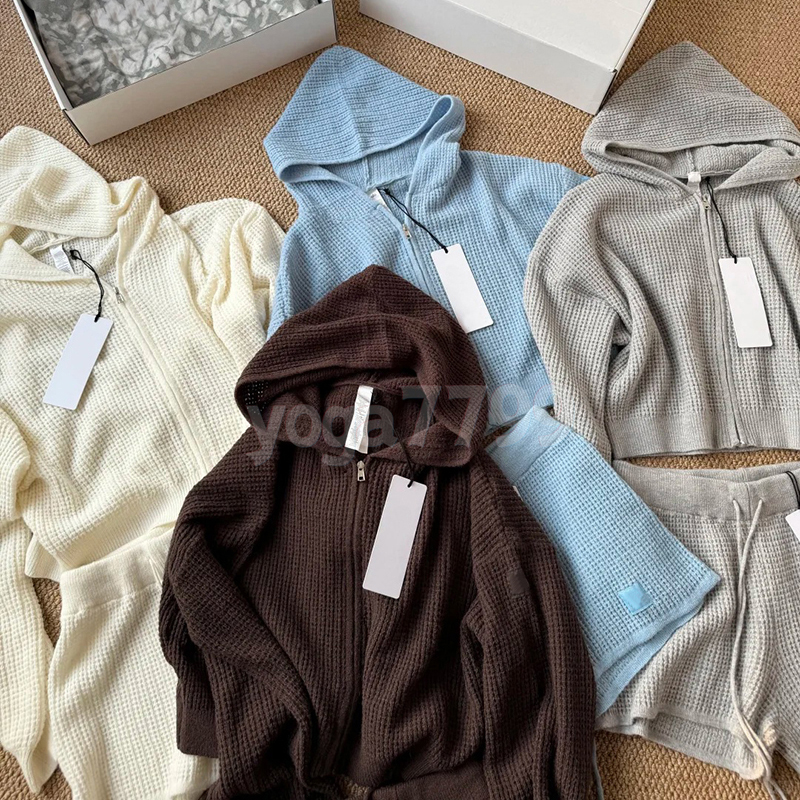 Yoga 4 Piece Waffle Vest Short Set Wide Leg Elastic Waist Loose Sports Slim Long Pants Women Zipper Hoodie Casual Knit Jacket