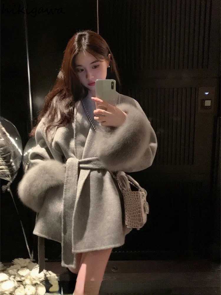 Fashion Coats Women Patchwork Furry Long Sleeve Bandage Outerwear Korean Y2k Clothing Slim Waist Temperament Solid Color Jackets Z250813