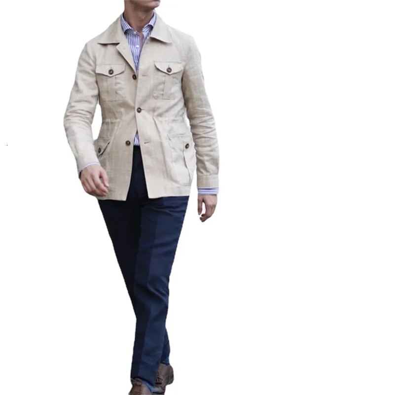 Mens Coats Safari Jacket Linen British Retro Gentry Suit Pockets Outerwear Fashion Solid Color Male Tops Ropa Hombre 250811