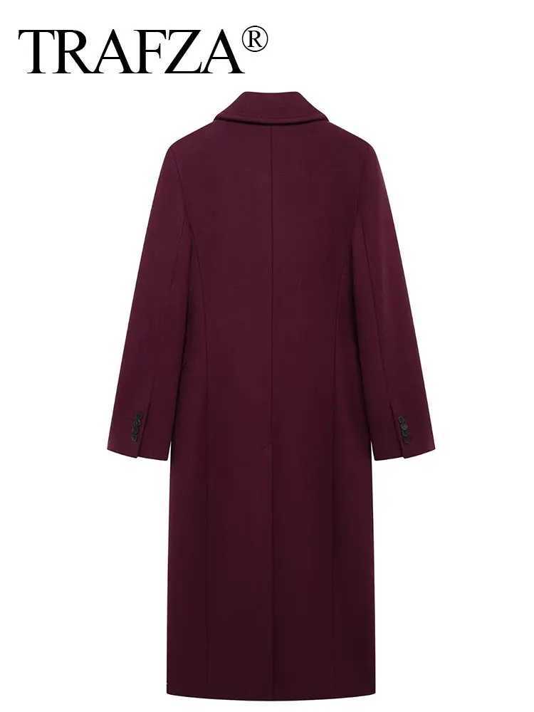 TRAFZA Women Fashion Burgundy Woolen Coat Double Breasted Long Sleeve Lapel Blends Jacket Autumn Winter High Street Outerwear Z250813