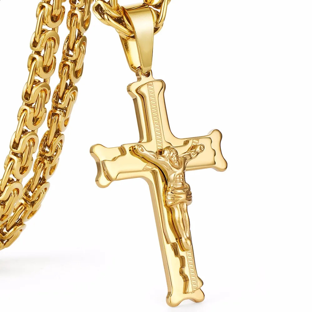 Gold Color Stainless Steel Jesus Cross Pendant Necklace 6mm Link Byzantine Chain Necklace Long Heavy Men Jewelry collares MN68 250807