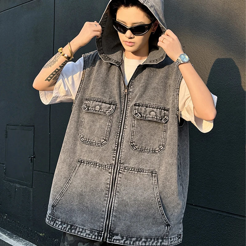 Men Sleeveless Denim Vest Summer Japanese Zipper Casual Loose Hooded Tops Fashion Versatile Black Handsome Pockets Coat 250805