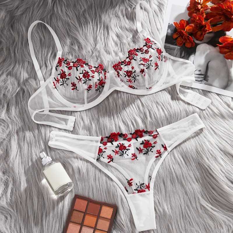 Bras Sets Embroidery Mesh Transparent Sexy Lingerie Set Semi-Sheer Floral Sweet Ultra-thin Bra And Panties Fancy Underwear SuitXJ250812