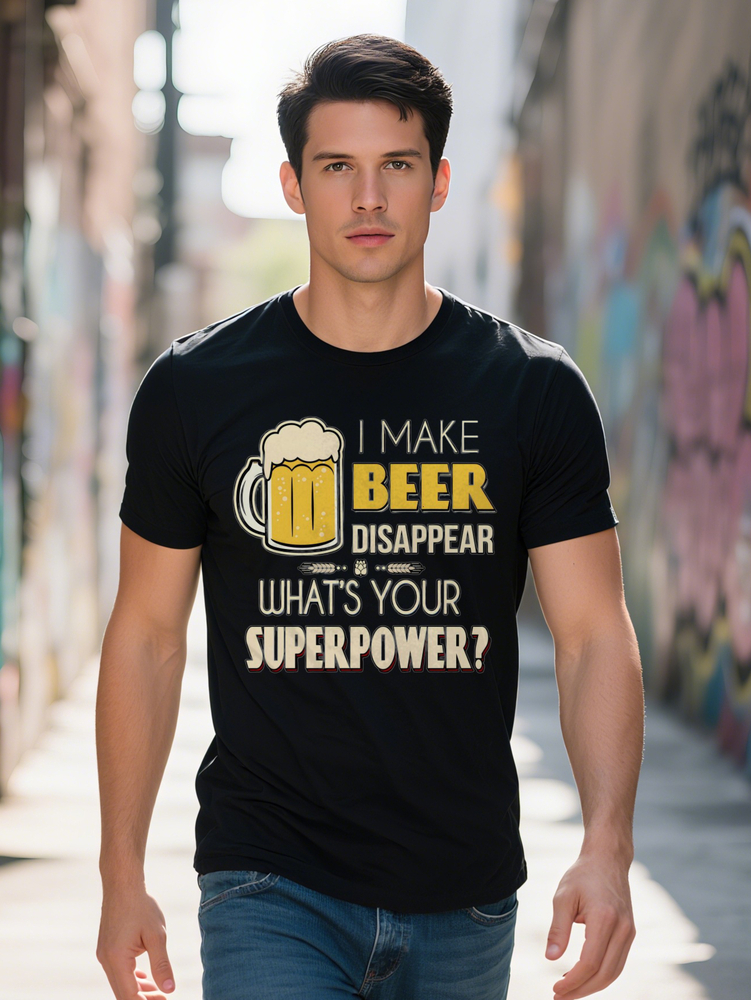 Humorous Men's Black Graphic Tee I Make Disappear Superpower Quote Casual Short Sleeve Shirt with Beer Mug