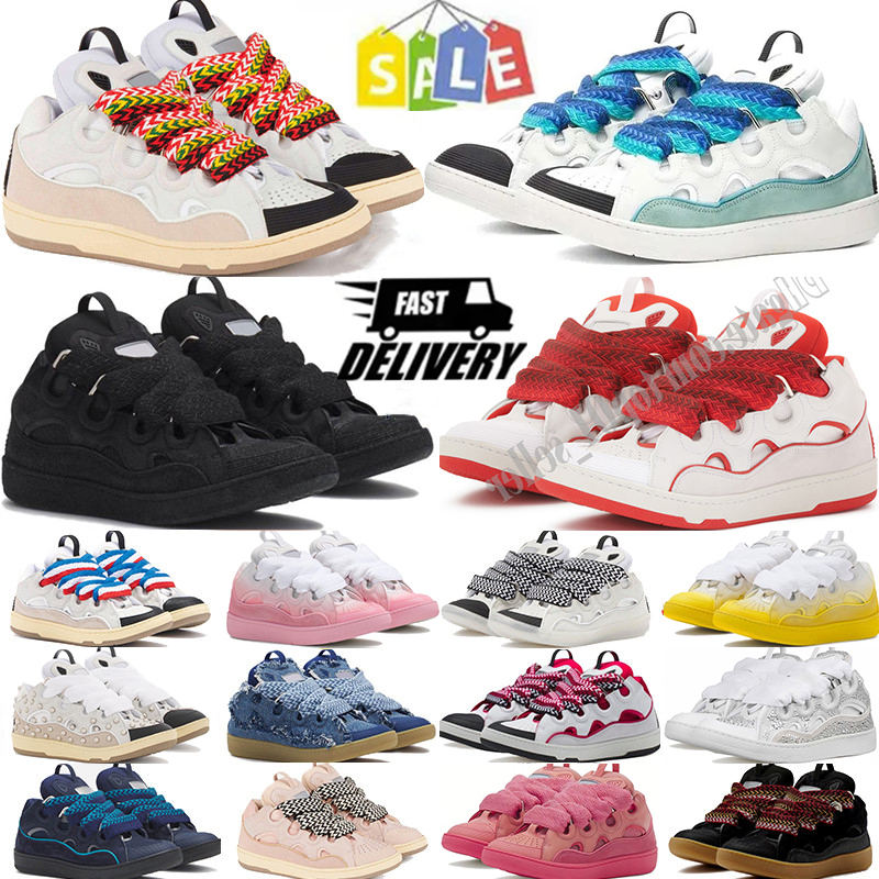 Mens Womens Laces Shoes Leather Embossed Curb Sneakers Denim Blue Pink Green Nappa Calfskin Platform Rubber Sole Casual Trainers