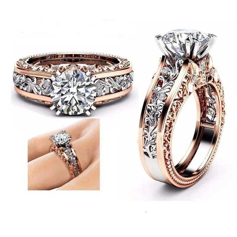1pcs Luxury Women Ring Metal Hollow Carving Pattern Rose Gold Color Zircon Stones Couple Ring Bridal Engagement Wedding Jewelry W250812