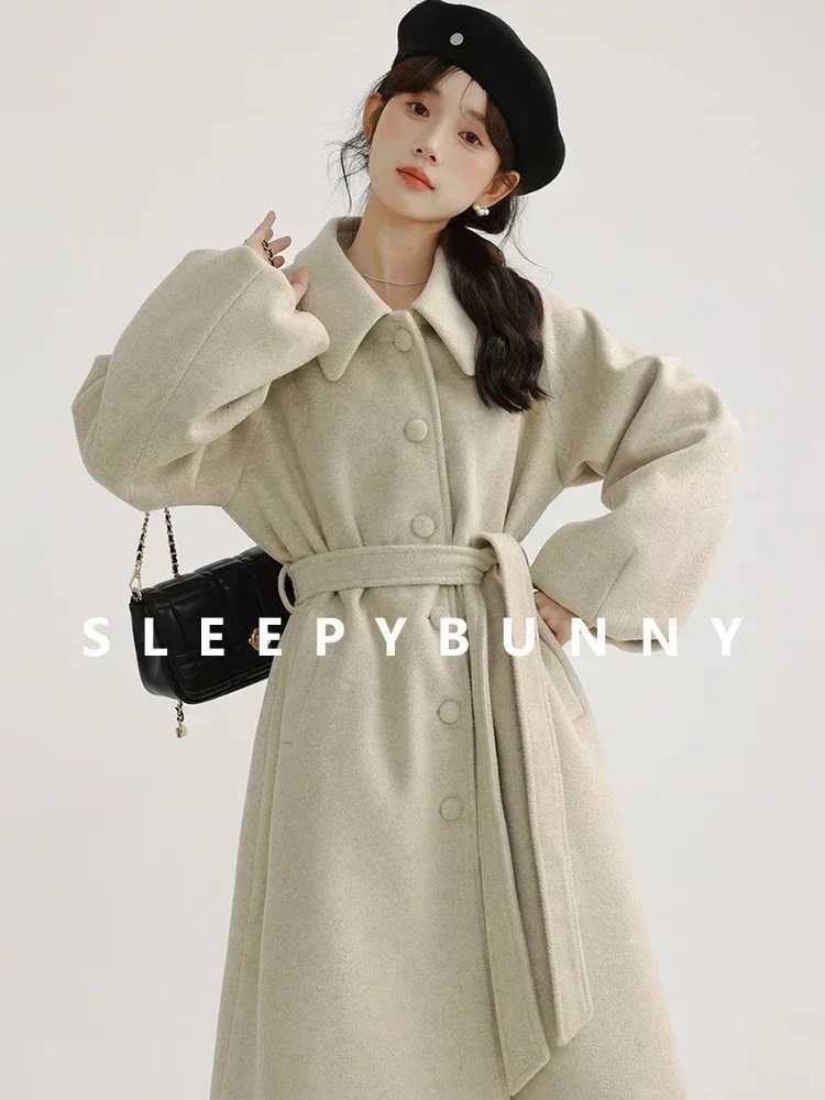 Vintage Red Wool Cape Coat with Belt Loose Fit Retro Style Womens Warm Woolen Outerwear Casual Chic Coat for Fall Winter Z250813