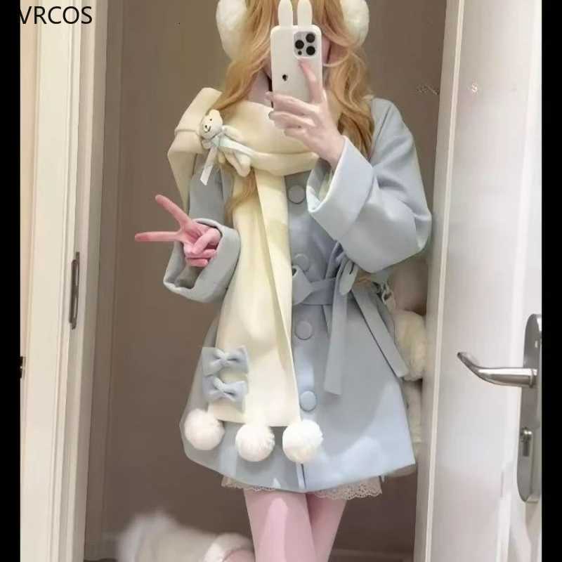 Autumn Winter Japanese Preppy Style Woolen Coat Women Kawaii Bow Cartoon Bear Scarf Loose Long Jackets Sweet Y2k Lolita Outerwear Z250813