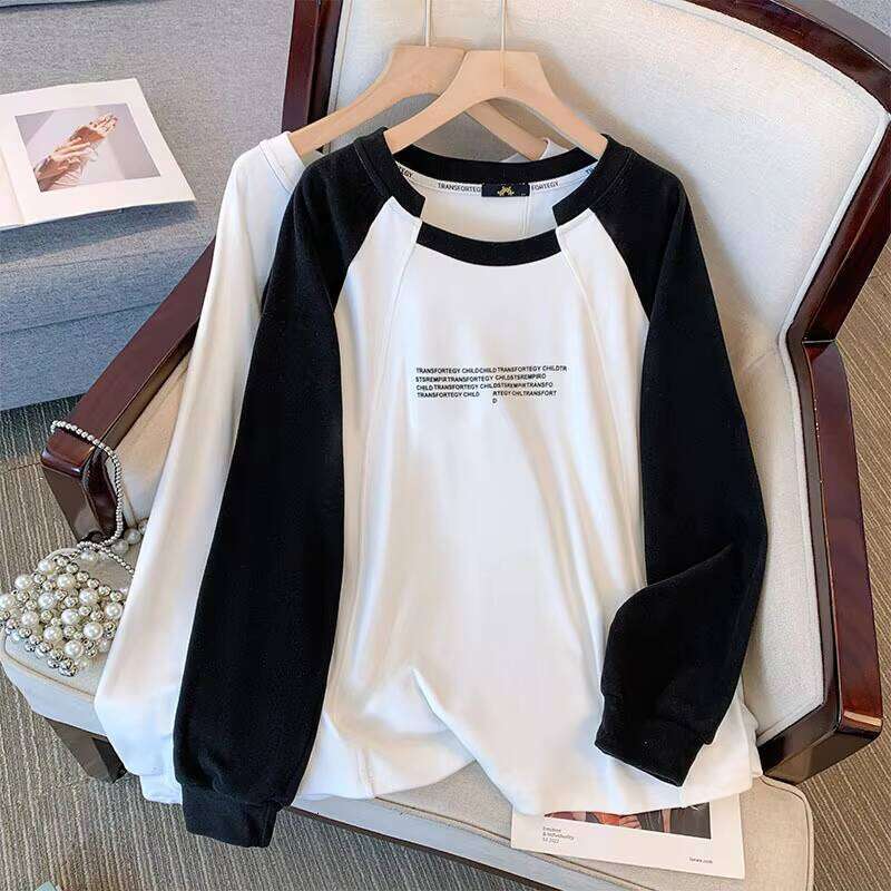 Women's Casual 100% Cotton T-Shirt Spring Autumn Long Sleeve Irregular Collar Loose Fit Color Block Design Anti-Pilling Knitted