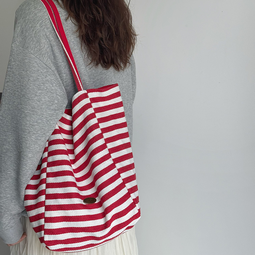 Double-Sided Striped Canvas Korean INS Lazy Style Large Capacity Shoulder Tote Student Casual Shopping Bag for Women ddmymarket