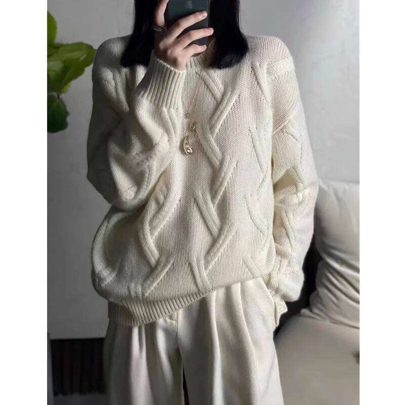 Foreign Style Round Neck Twist Flower Thick Loose Cashmere Women Lazy Knit Wool Base Sweater For Autumn And Winter 250813