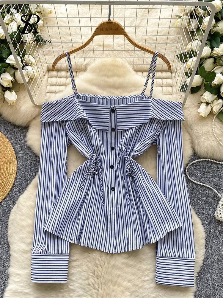 2025 off shoulder trend women's striped shirt women's French autumn retro sexy top long sleeved office women's printed casual shirt des