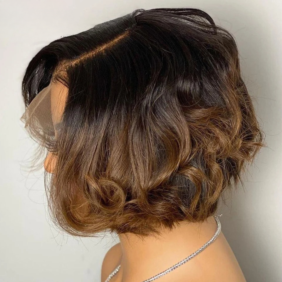 Ombre Brown Short Lace Wigs For Women Human Hair 180 Density Bob Lace Front Wig 13x4 HD Lace Frontal Wig Wear And Go Glueless Wig Synthetic