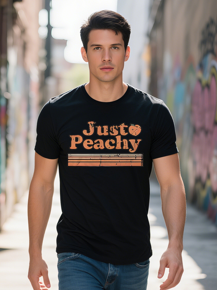 Just Peachy Men's Casual Crew Neck T-Shirt Black with Orange Print Lightweight Summer Style Perfect Gift for Men