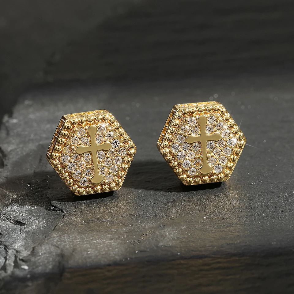 RAKOL Cross Shaped Iced Out Zircon Hip Hop Stud Earrings for Men Women Gold Color Hexagon Pierced Earring Punk Party Jewelry 250812