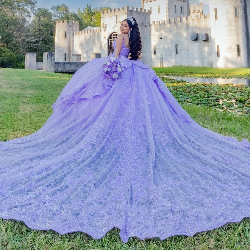 Lavender Shiny Ball Gown Quinceanera Dresses Spaghetti Strap Applique Lace Beads Bow Tull Party Birthday Sweet 16 Dress Vestidos 15 De Anos