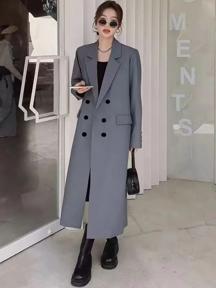 Double Breasted Long Trench Coats Fashion Elegent Woman Outerwears Windproof Abrigos Korean Loose Casaul Straight Casaco 250805