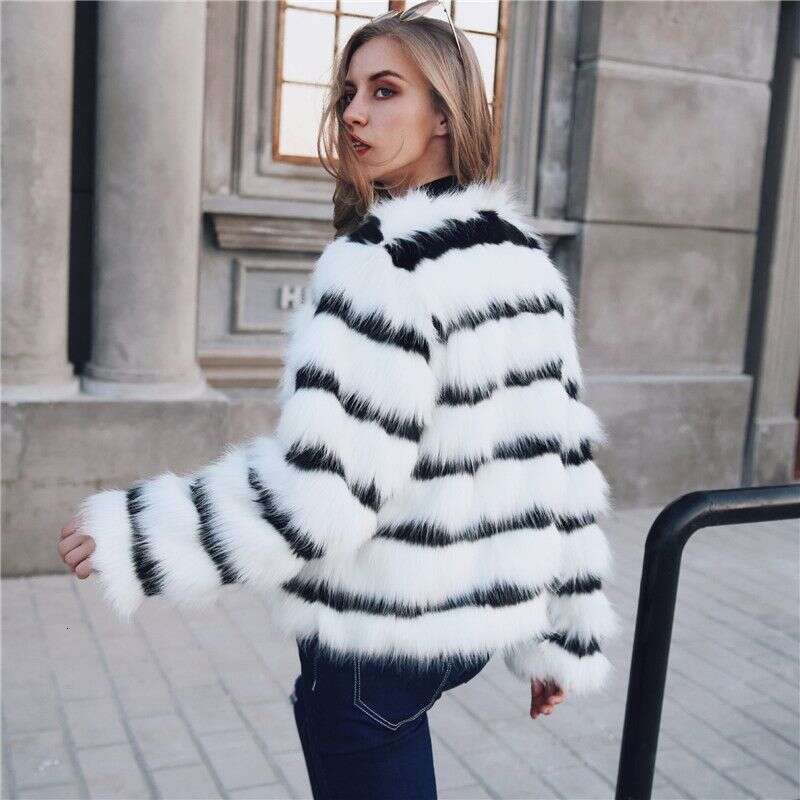 New winter faux fur coat, plus size women's coat, loose round neck, short stripe mixed color coat