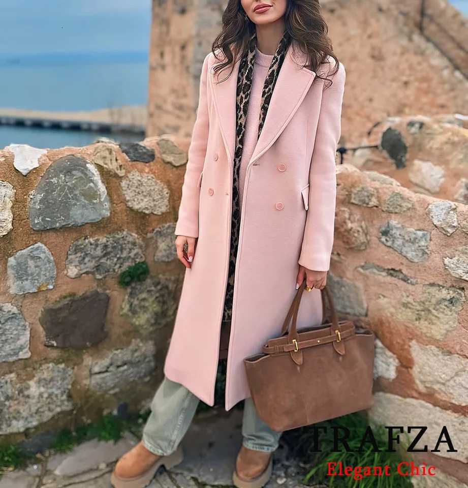 TRAFZA-Women Elegant Long Coat Pink Blended Lapel Buttons Lined Coat New 2025 Fashion Fall Winter Romantic Outwear Beige Coat Z250813