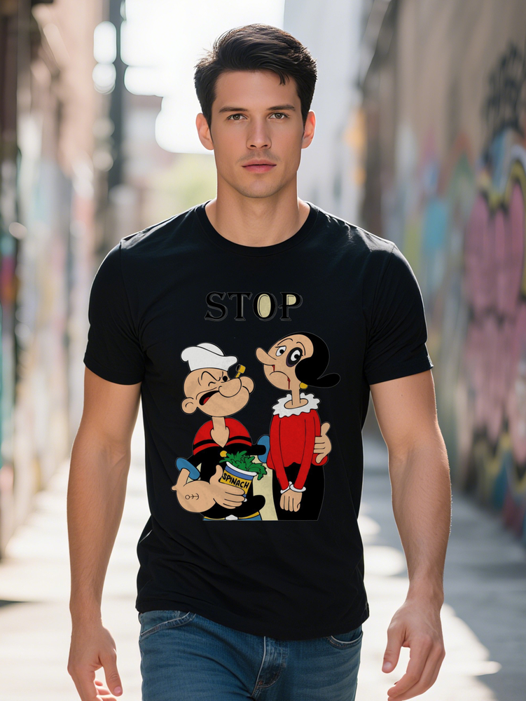 Men s Casual Crew Neck T Shirt with STOP Cartoon Print Black Summer Tee Humorous Sailor Red Dress Character Design