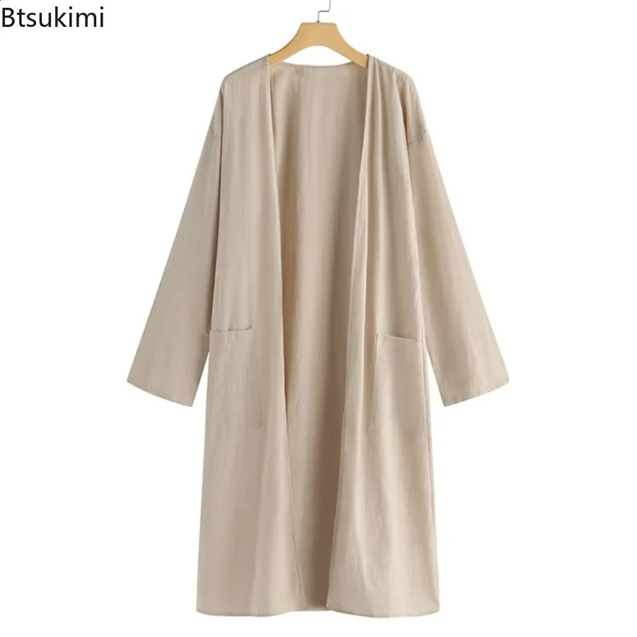 2025 Womens Simple Temperament Cardigan Solid Long Trench Coats Fashion Casual V-neck Kimono Tops Women Long Jackets Robe 250811