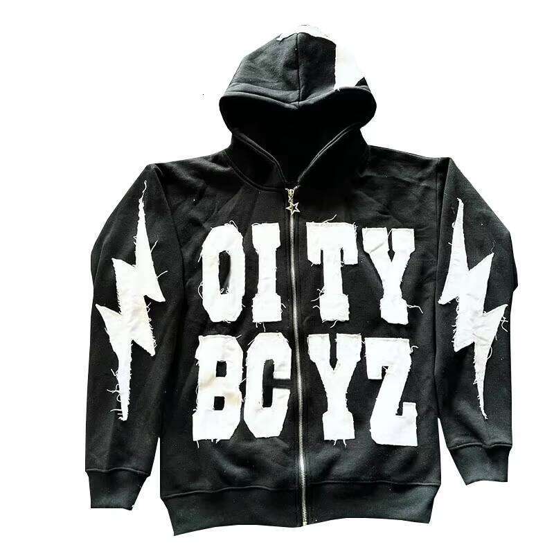 Unisex Acid Wash Zip-Up Hoodie with Custom Rhinestone Embroidered Patch Casual Style for Men in Autumn Season