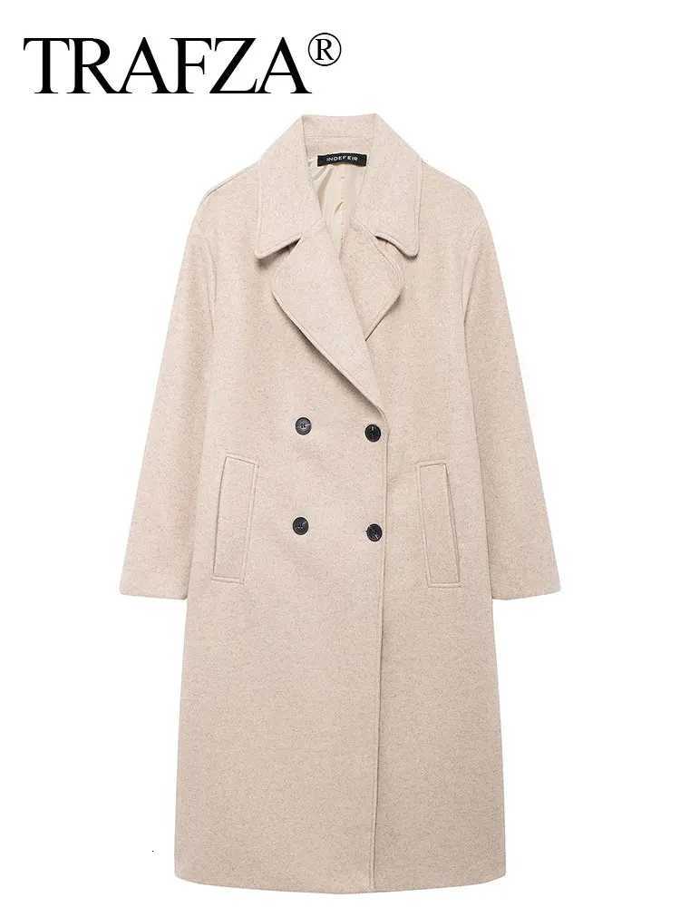 2024 TRAFZA Autumn New Women Loose Coat Lapel Double Breasted Long Sleeve Jacket Winter Warm Thick Vintage Solid Trench Outerwear Z250813