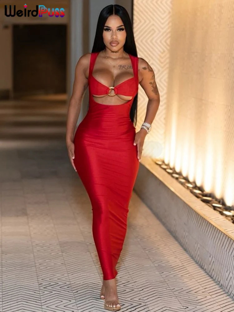 Weird Puss Sexy Backless Party Dress Hollow Skinny Sleeveless Low-Neck Ring Clasp Chic Birthday Banquet Rave Bodycon Vestidos 250806