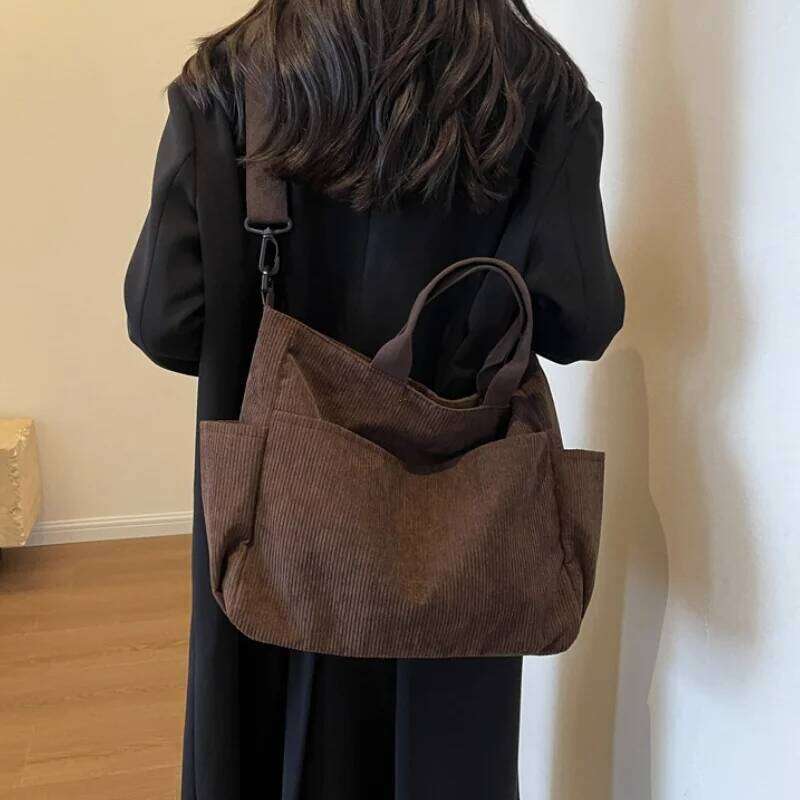 Simple Color Multi Pocket Corduroy Tote Bag Large Capacity Casual Backpack Suitable For Outdoor Travel Commuting Work Handbags
