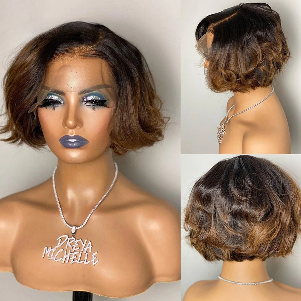 Ombre Brown Short Lace Wigs For Women Human Hair 180 Density Bob Lace Front Wig 13x4 HD Lace Frontal Wig Wear And Go Glueless Wig Synthetic