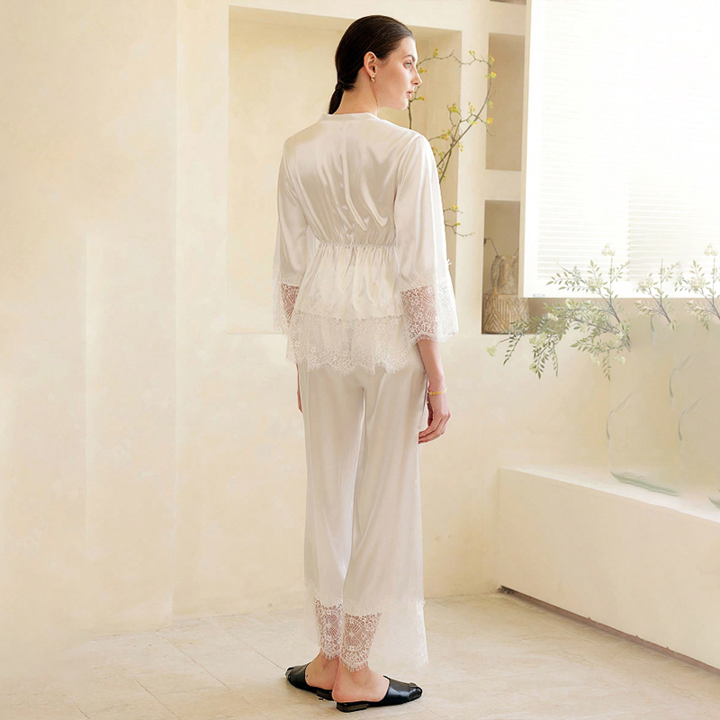 2025 New Women's Spring and Autumn Silk Color Dungaree Lace Patchwork Tie-up Long Sleeve Long Pants Pajama Set Homewear