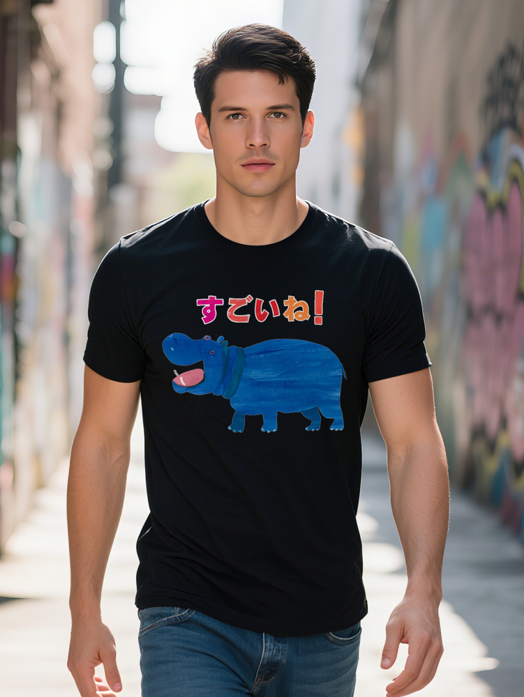 s Casual Round Neck T-Shirt with Playful Hippo Print Black Summer Tee Perfect Gift for Men