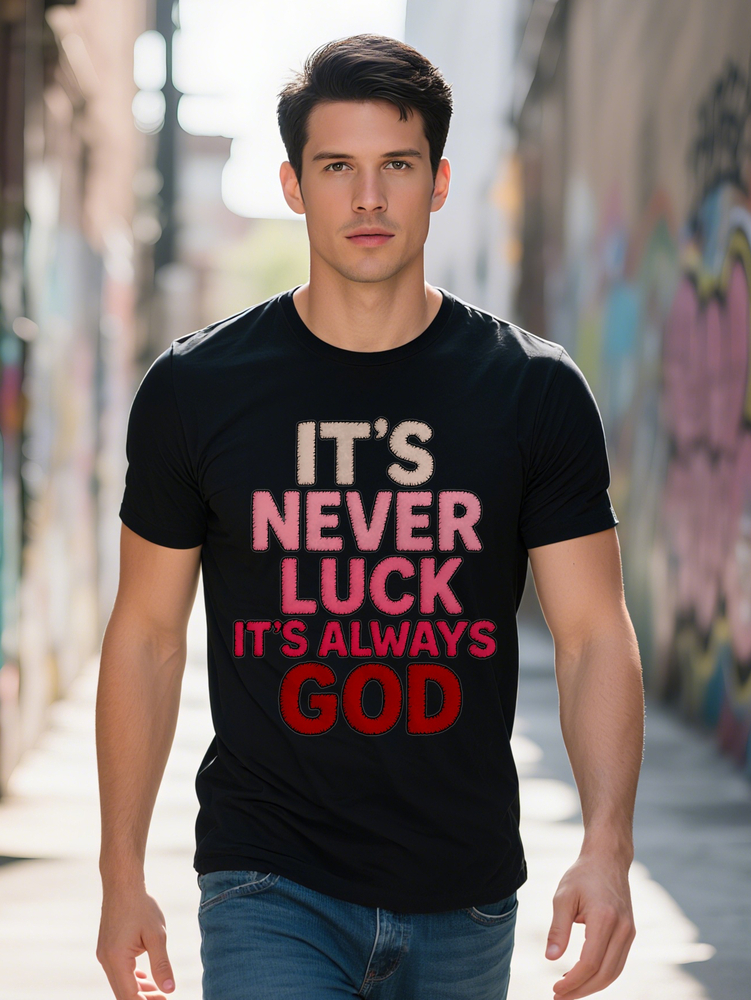 Men Graphic T Shirt with Never Luck It s Always God Print Black Light Pink Lettering Round Neck Summer Tee