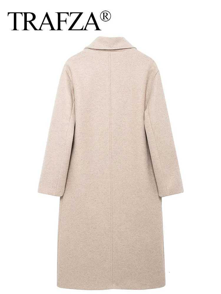 2024 TRAFZA Autumn New Women Loose Coat Lapel Double Breasted Long Sleeve Jacket Winter Warm Thick Vintage Solid Trench Outerwear Z250813