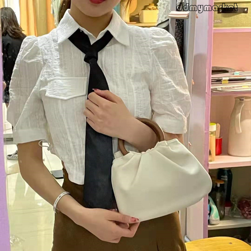 2024 Korean Version New Wooden Handle Cloud Handbag for Women, Ins Style Single Shoulder Crossbody Elegant Ruched Bag ddmymarket