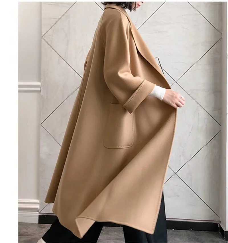 2023 Korean Women Handmade Corrugated Water Ripples Coat Double-sided Cashmere Wool Long Woolen Jacket Cashmere Coat Outerwear Z250813