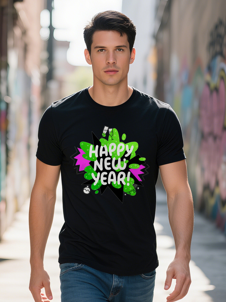 Men s Happy New Year Black T-Shirt Funny Vintage Graphic Print Casual Short Sleeve Crew Neck Ideal Gift for