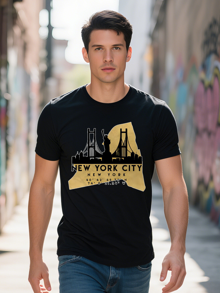 Men S Casual Crew Neck T-Shirt with New York City Print Black Short Sleeve Summer Tee Lightweight Fabric Regular