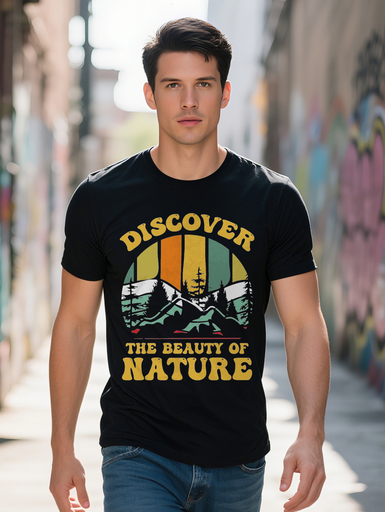 Men s Casual Graphic Tee Discover the Beauty of Nature Design Black Round Neck T Shirt Lightweight Summer