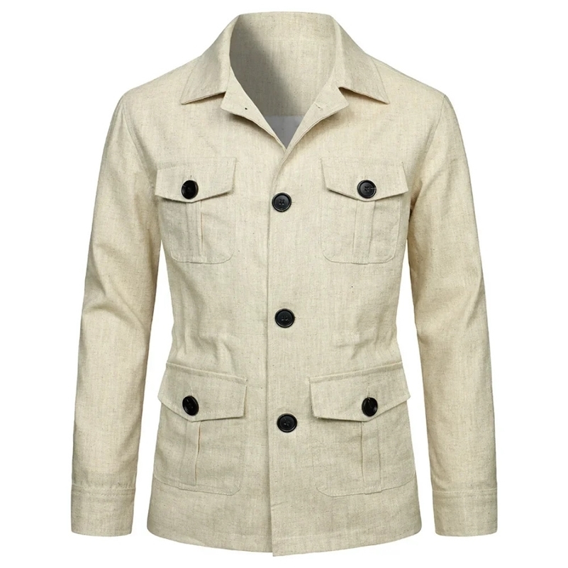 Mens Coats Safari Jacket Linen British Retro Gentry Suit Pockets Outerwear Fashion Solid Color Male Tops Ropa Hombre 250811